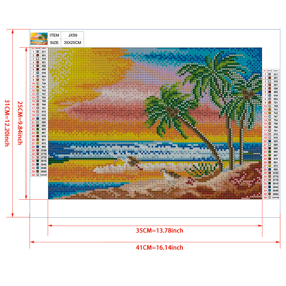 Tropical Beach Sunset Diamond Painting Kit – Full Drill Ocean Palm Tree Art JX59