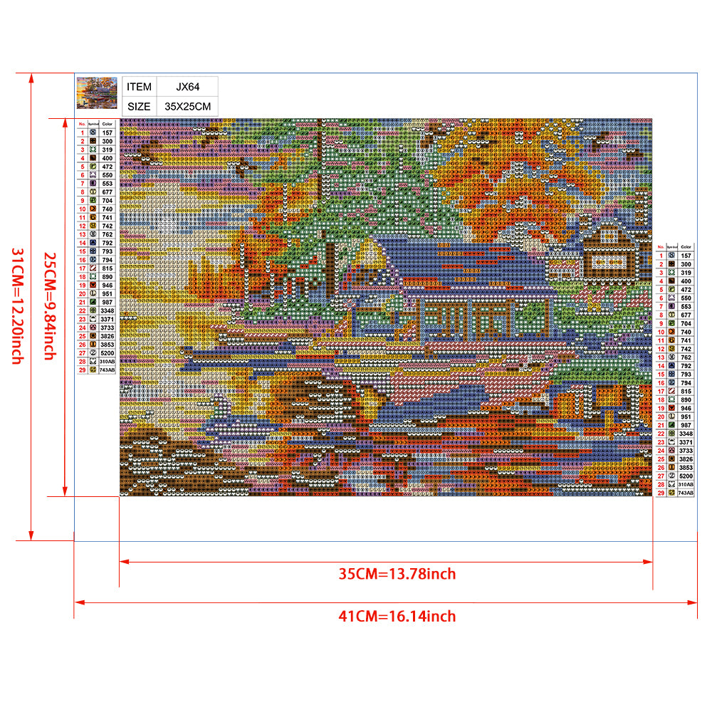 Autumn Lake Cabin Diamond Painting Kit – Full Drill Fall Sunset Landscape Art JX64