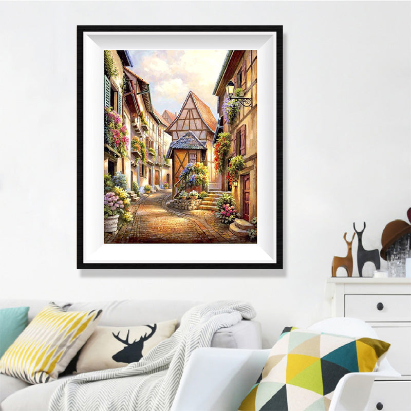 Alsace Village Street Diamond Painting Kit – French Half-Timbered Lane with Flower Balconies & Golden Hour Light JX79