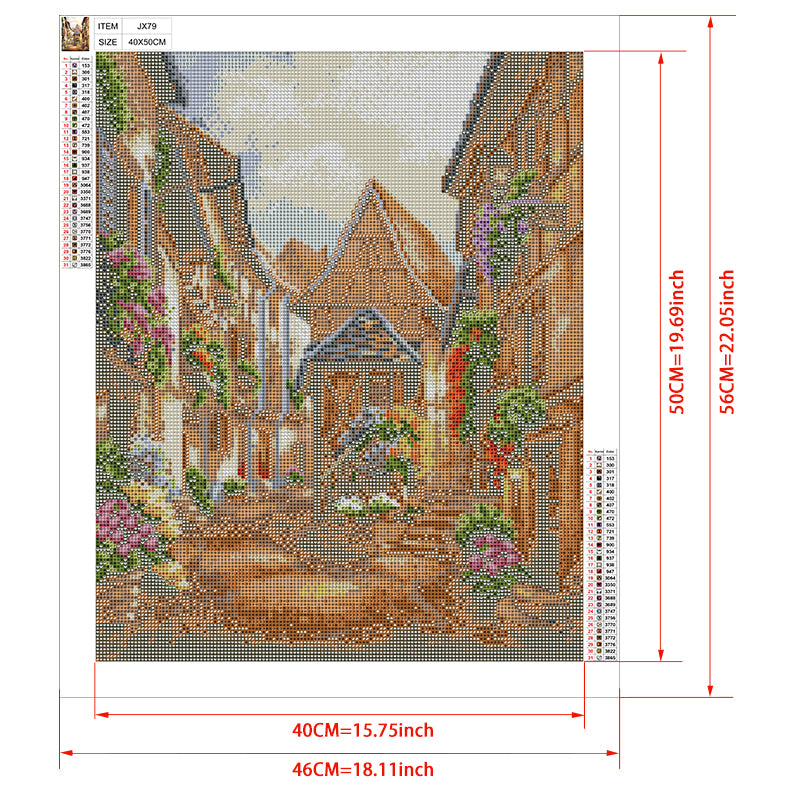 Alsace Village Street Diamond Painting Kit – French Half-Timbered Lane with Flower Balconies & Golden Hour Light JX79