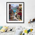 Italian Lake Town Stairway Diamond Painting Kit – Cobblestone Steps to Blue Lake with Flower Balconies & Café Awnings JX80