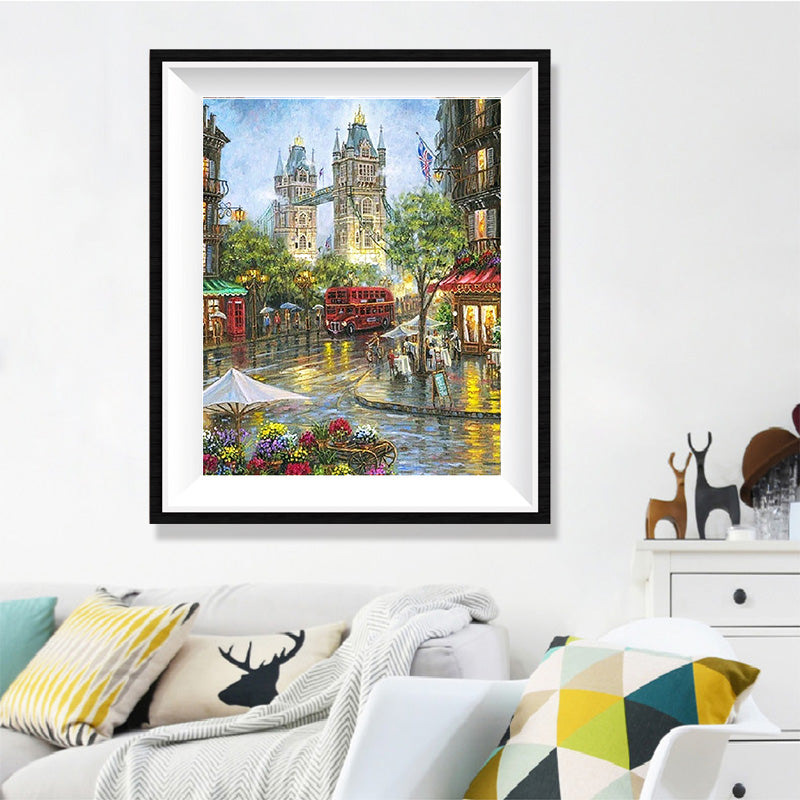 London Rainy Night Diamond Painting Kit – Tower Bridge, Red Bus & Wet Cobblestone Street with Flower Cart & Café JX81