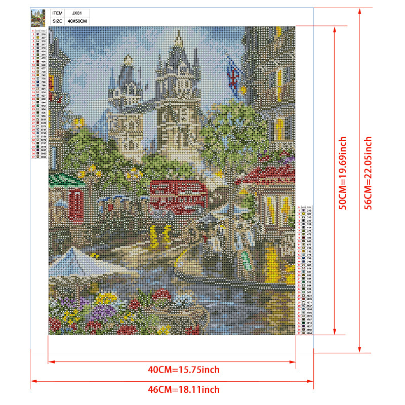 London Rainy Night Diamond Painting Kit – Tower Bridge, Red Bus & Wet Cobblestone Street with Flower Cart & Café JX81