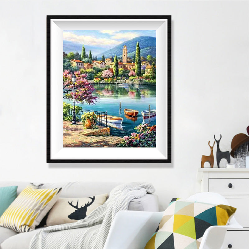 Italian Lakeside Village Diamond Painting Kit – Stone Dock with Rowboats, Bell Tower, Cypress Trees & Spring Blossoms JX82