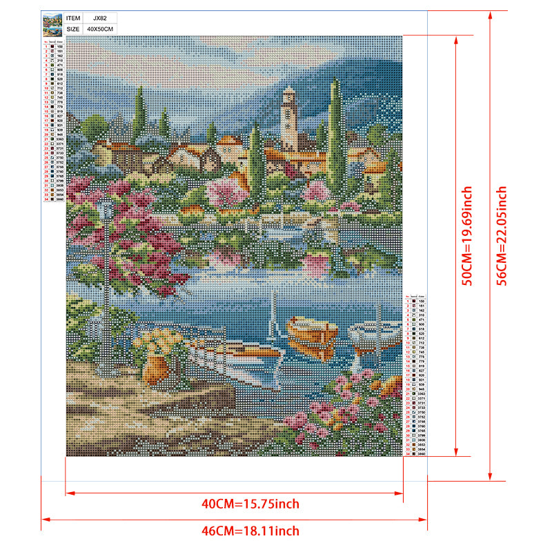 Italian Lakeside Village Diamond Painting Kit – Stone Dock with Rowboats, Bell Tower, Cypress Trees & Spring Blossoms JX82