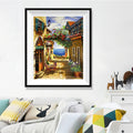 French Riviera Alley Diamond Painting Kit – Stone Lane Restaurant with Bougainvillea Arch & Mediterranean Sea View JX83