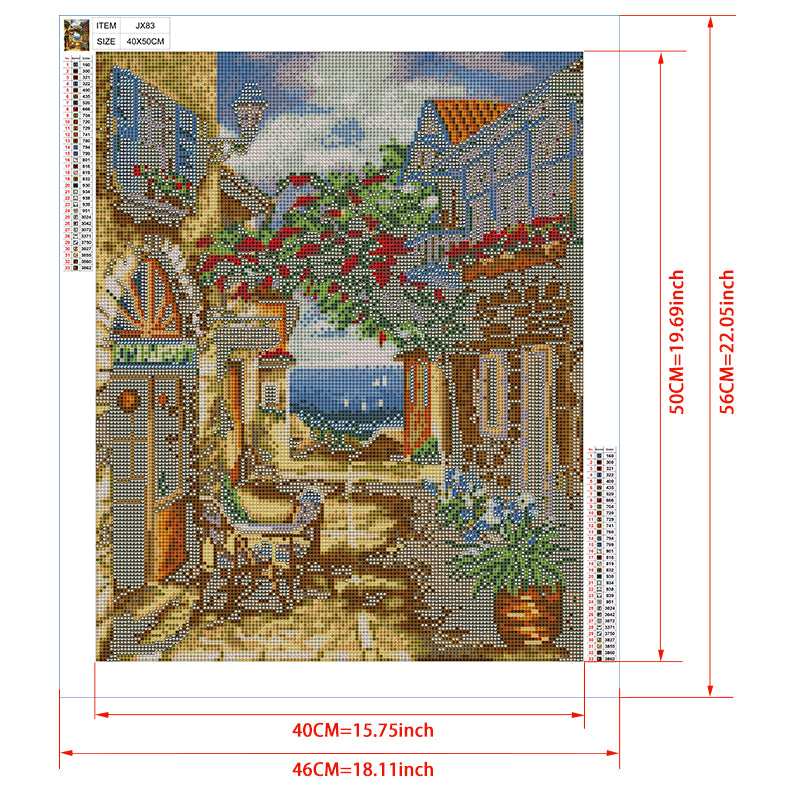 French Riviera Alley Diamond Painting Kit – Stone Lane Restaurant with Bougainvillea Arch & Mediterranean Sea View JX83