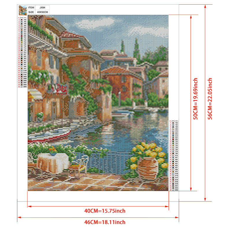 Italian Canal Café Diamond Painting Kit – Waterfront Terrace with Golden Buildings, Red Rowboat & Wisteria Reflections JX84
