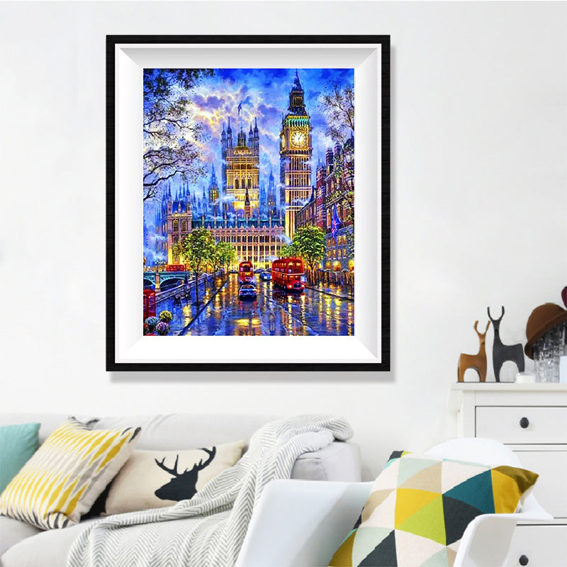 Westminster Night Diamond Painting Kit – Big Ben & Houses of Parliament Illuminated with Red Buses & Dramatic Sky JX85