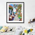 Greek Island Taverna Diamond Painting Kit – Aegean Alley Restaurant with Bougainvillea, Blue Doors & Sea View JX86