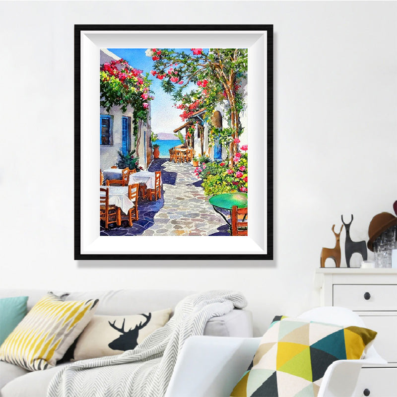 Greek Island Taverna Diamond Painting Kit – Aegean Alley Restaurant with Bougainvillea, Blue Doors & Sea View JX86