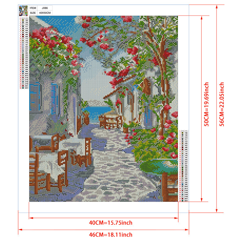 Greek Island Taverna Diamond Painting Kit – Aegean Alley Restaurant with Bougainvillea, Blue Doors & Sea View JX86