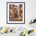 Mediterranean Stone Stairway Diamond Painting Kit – Ivy-Clad Alley with Clematis, Red Café Awning & Blue Sky JX88