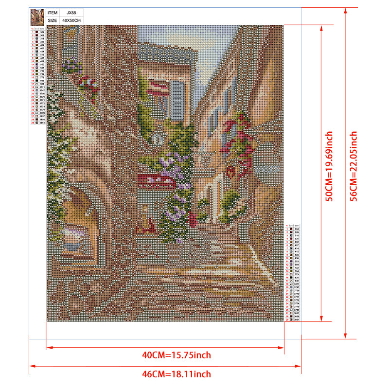 Mediterranean Stone Stairway Diamond Painting Kit – Ivy-Clad Alley with Clematis, Red Café Awning & Blue Sky JX88