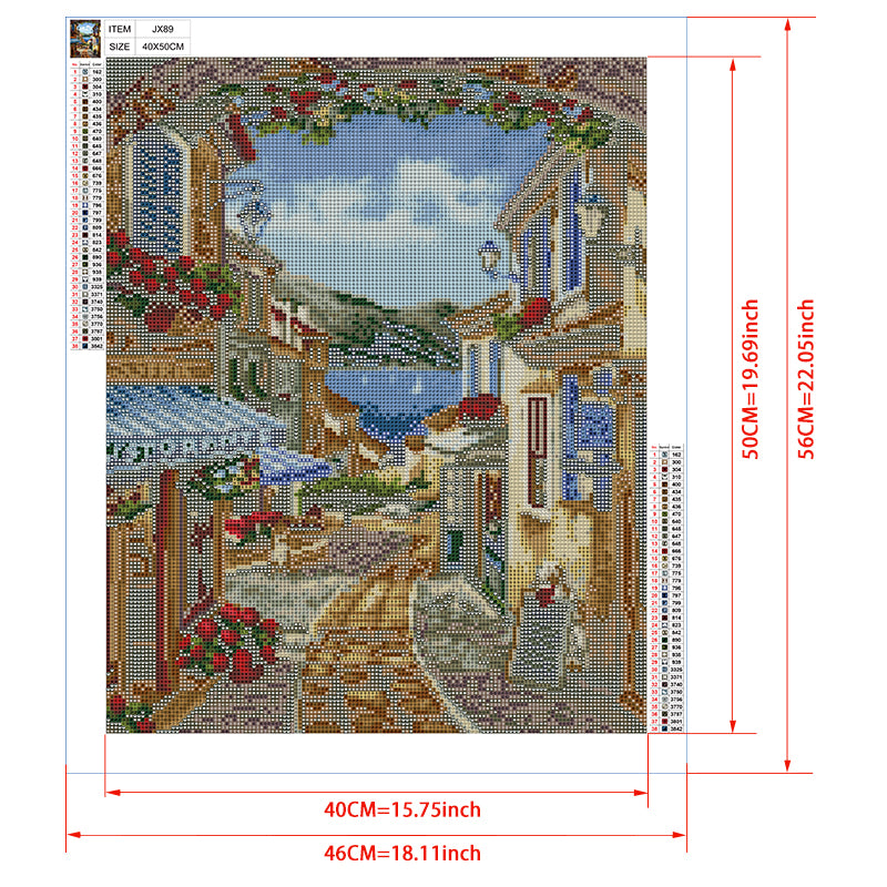 Italian Lake Village Ristorante Diamond Painting Kit – Cobblestone Street with Flower Arch, Lake View & Local Life JX89