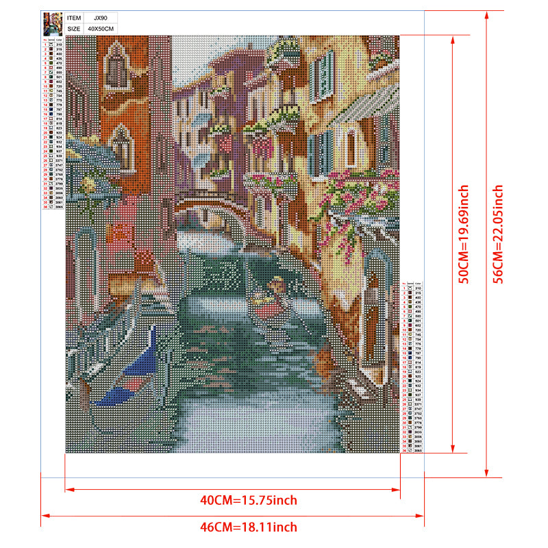 Venice Canal Gondola Diamond Painting Kit – Gondolier on Emerald Waterway with Colorful Palazzos & Stone Bridge JX90