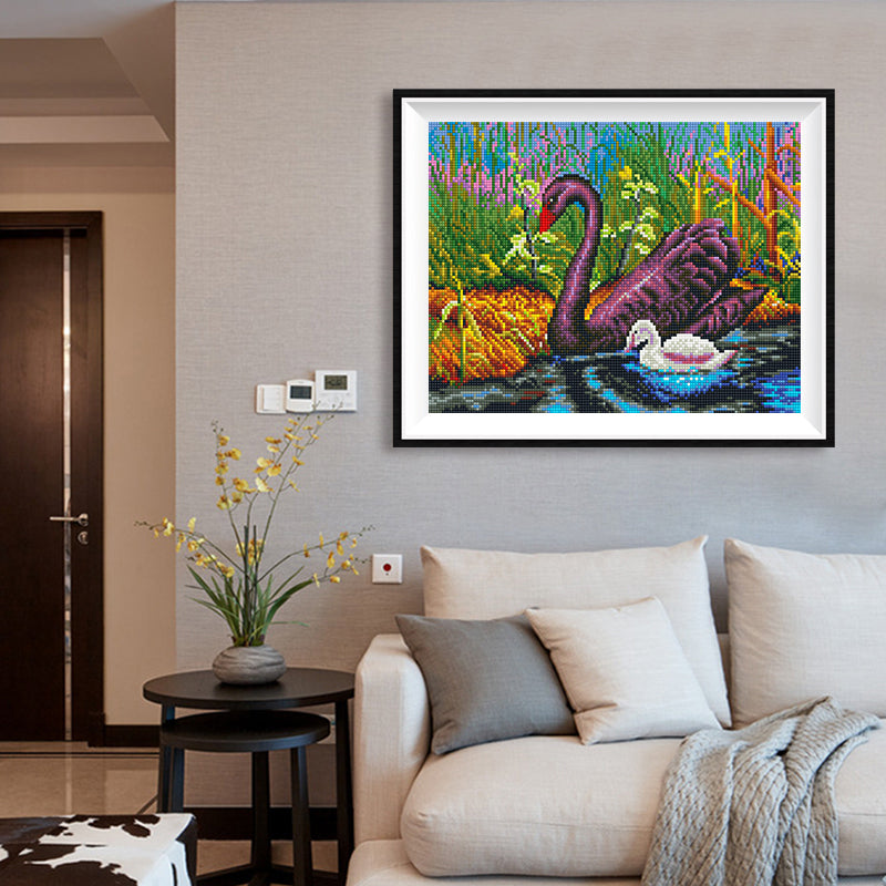 Swan Family Diamond Painting Kit – Purple Swans & Cygnet in Blooming Garden Pond JX92