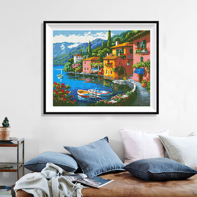 Lake Como Villa Diamond Painting Kit – Colorful Lakeside Villas with Rowboats, Cypress Trees & Blue Mountain Reflections JX95