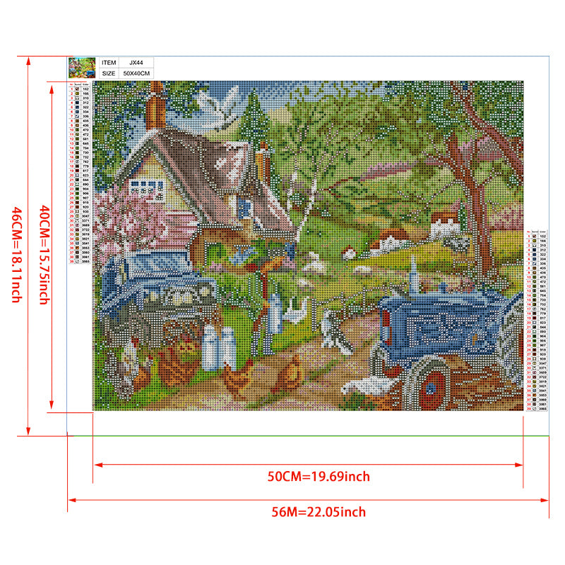English Country Farm Diamond Painting Kit – Thatched Cottage, Blue Tractor & Farm Animals in Rolling Hills JX44